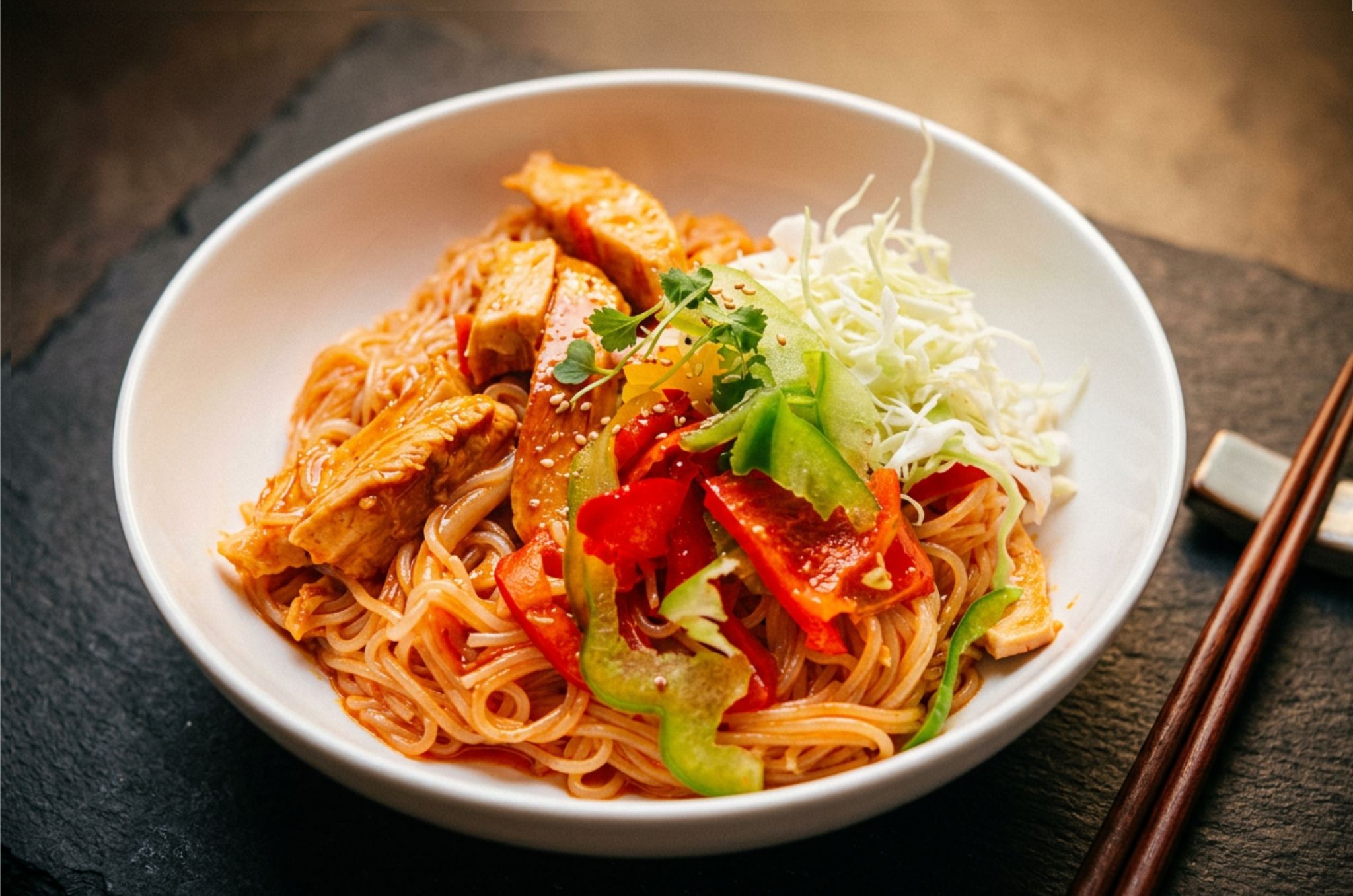 Chicken mixed noodles at Hearth Bowl