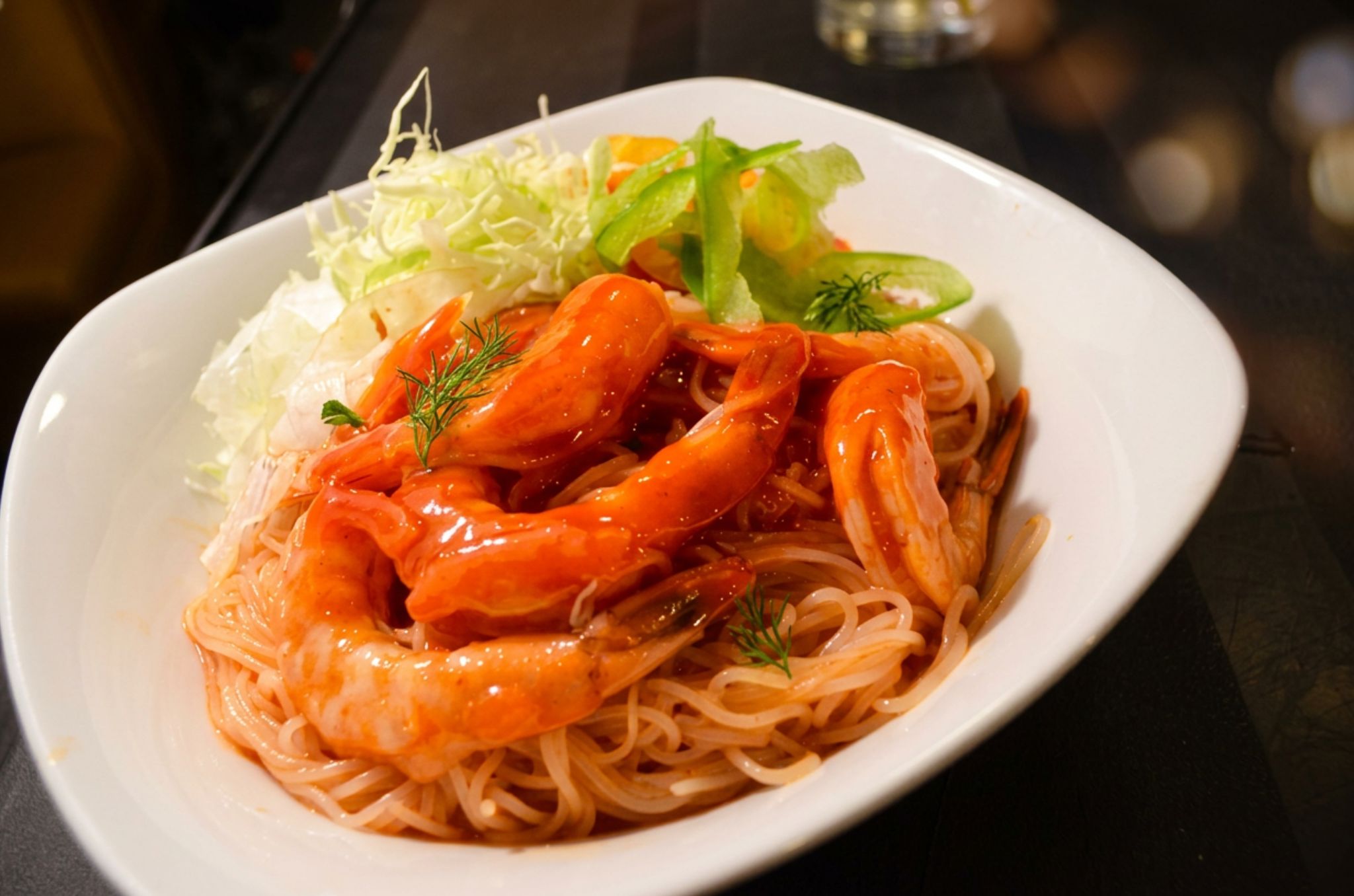 Shrimp mixed noodles at Hearth Bowl